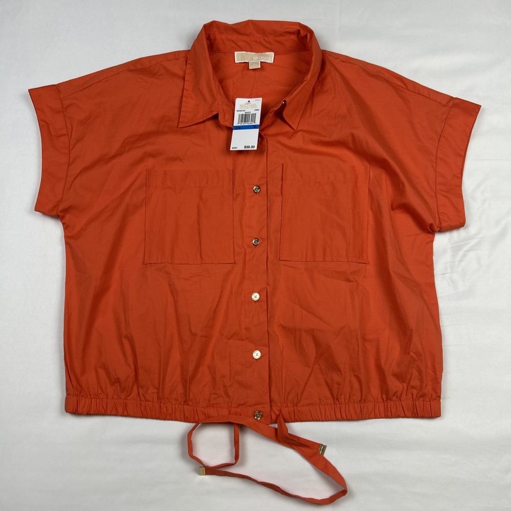 NWT Michael Kors Zinnia Top XL Collared Button Front Cropped QS340E78JP Orange